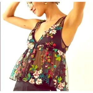 Ecote Embroidered Floral Mesh Vneck Sleeveless Crop Peplum Top Size Small